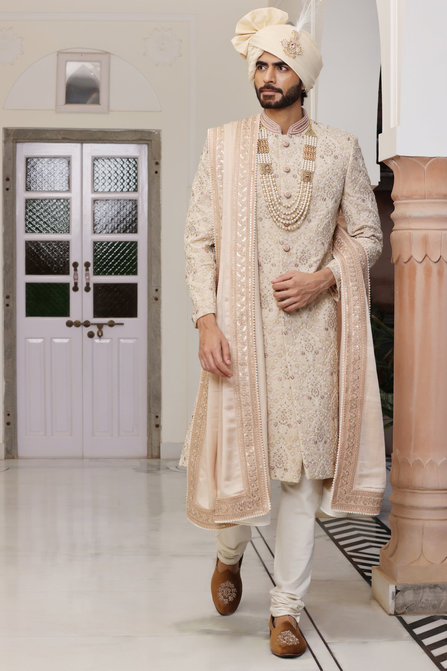 Pastel Peach Silk Sherwani