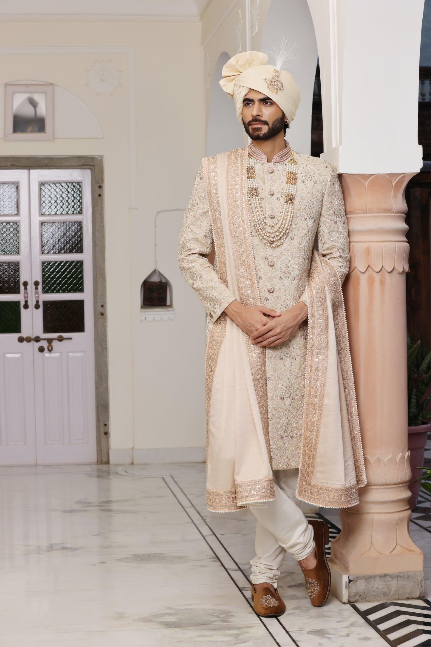 Pastel Peach Silk Sherwani