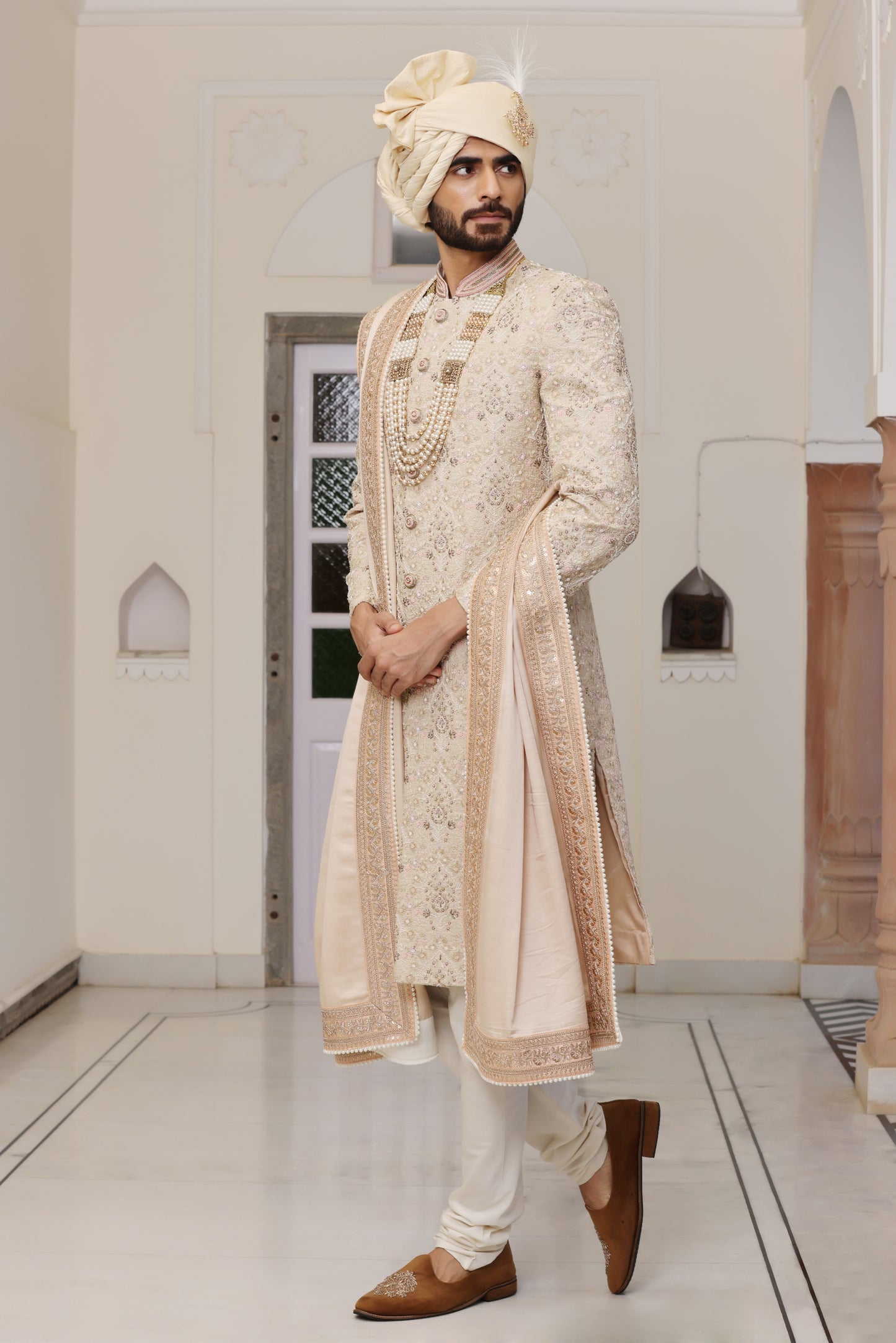 Pastel Peach Silk Sherwani