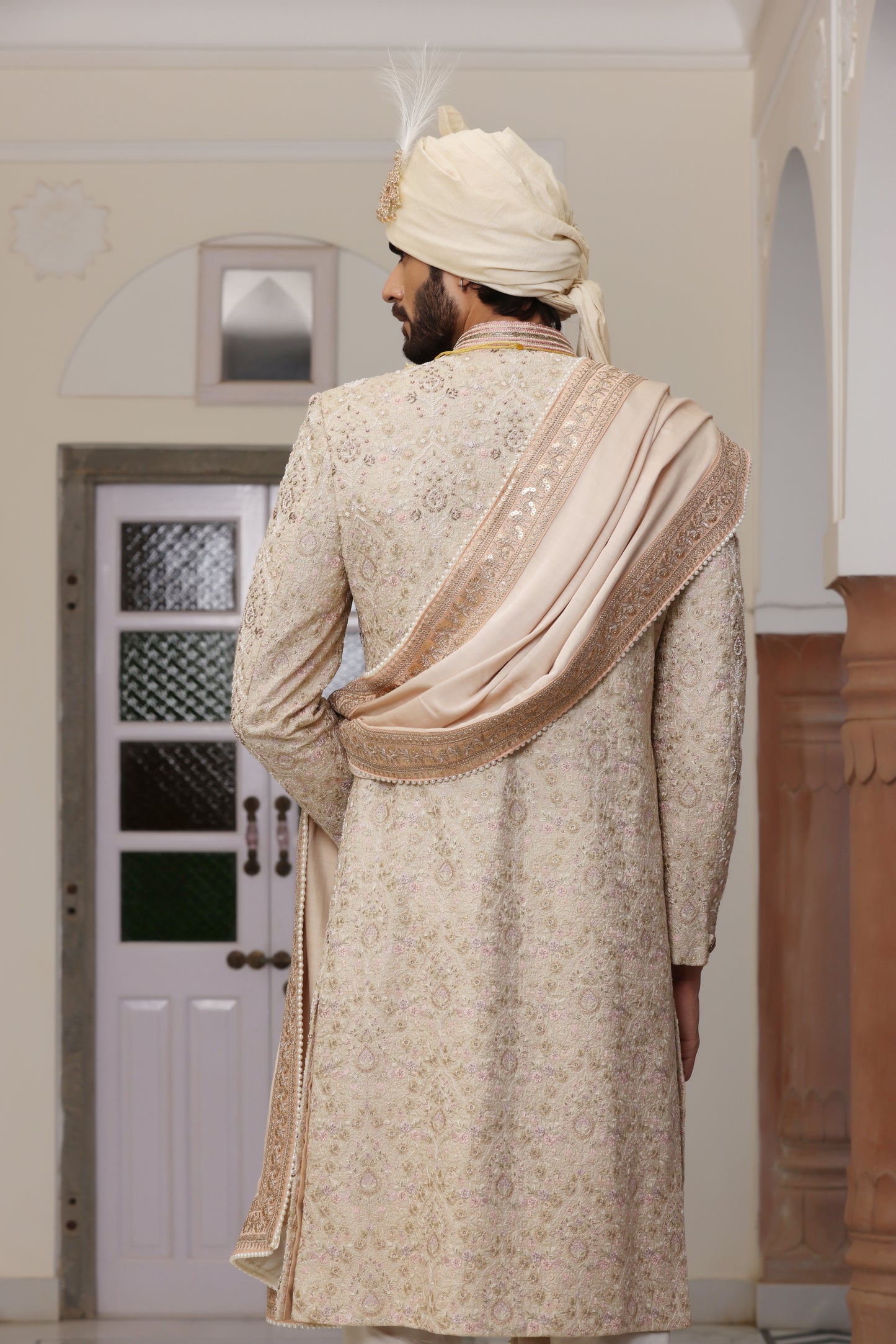 Pastel Peach Silk Sherwani