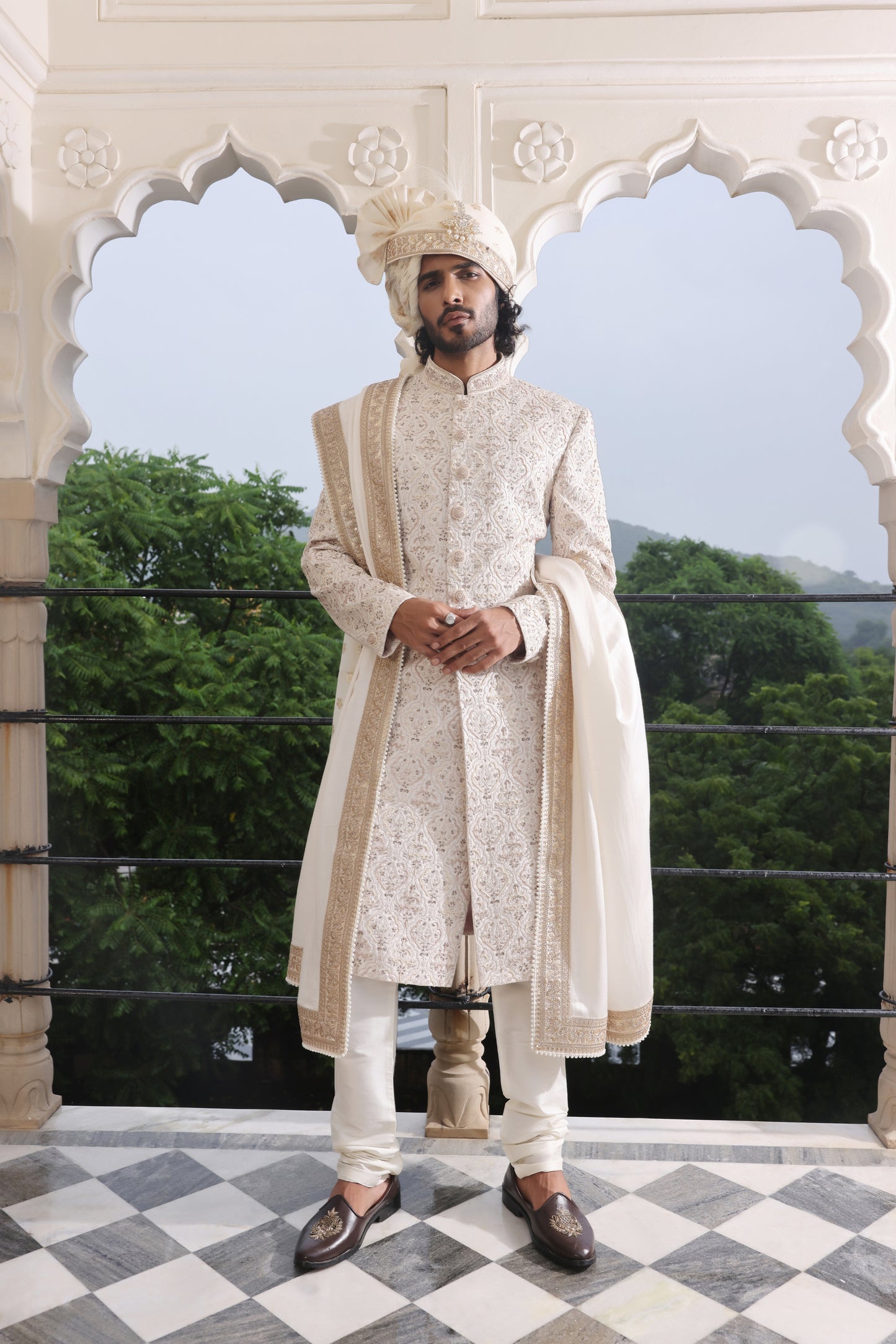 Opaline Ivory Pearl Sherwani