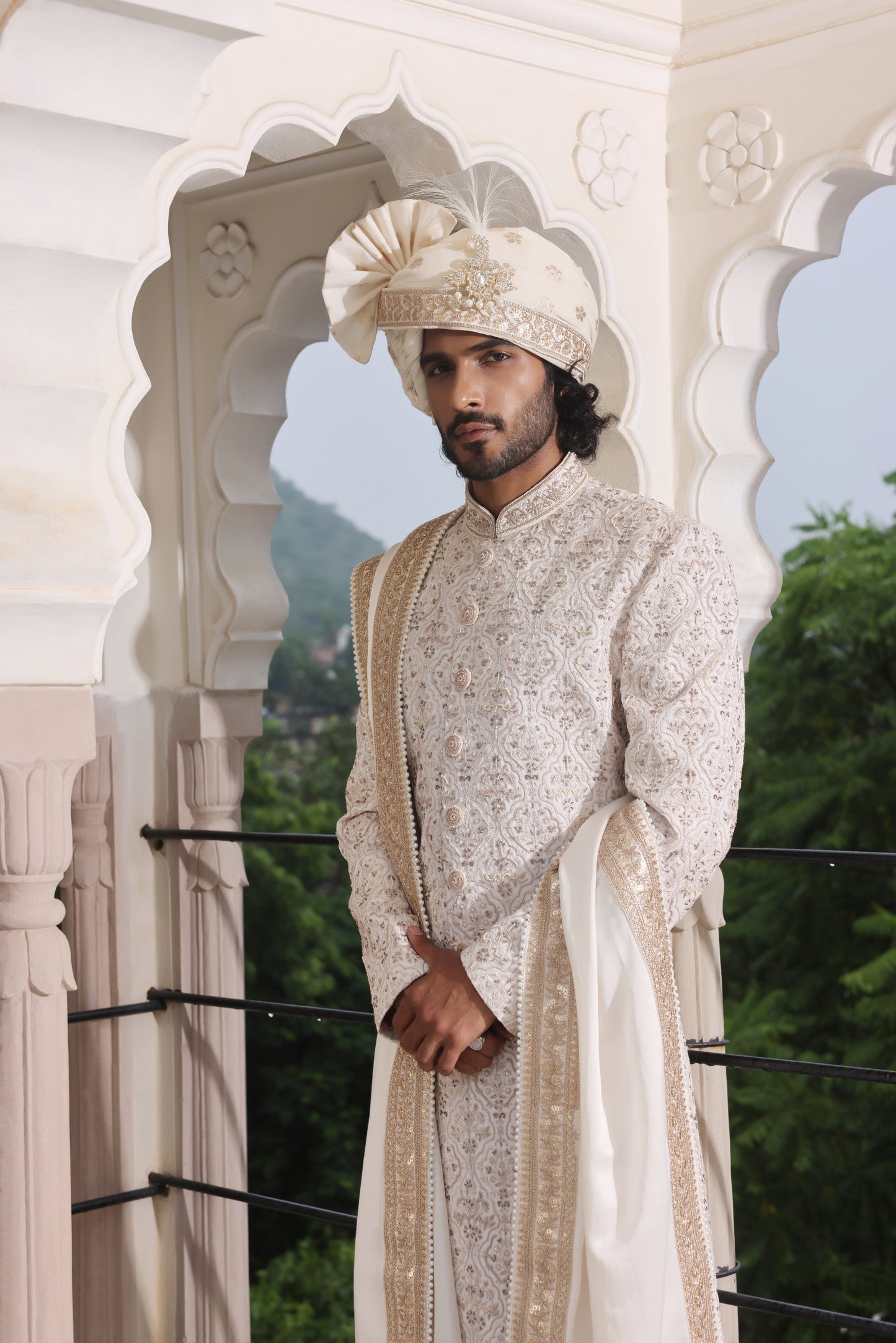 Opaline Ivory Pearl Sherwani