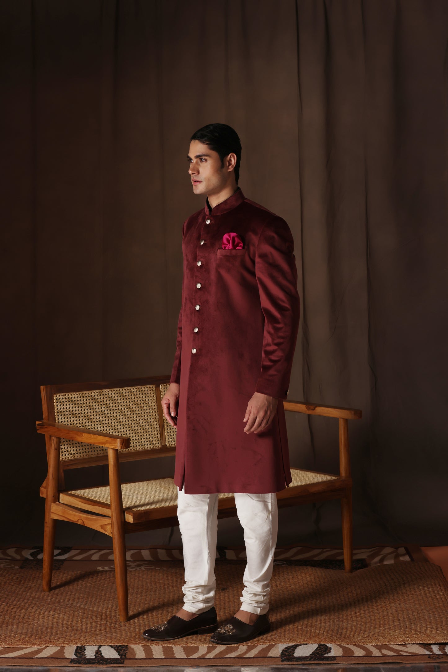 Royal Burgundy Velvet Achkan