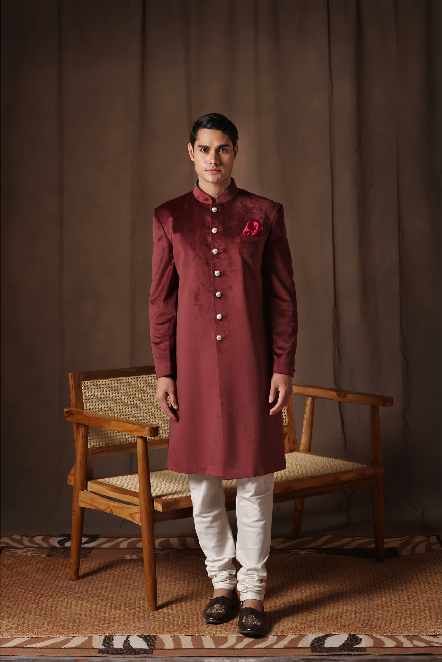 Royal Burgundy Velvet Achkan