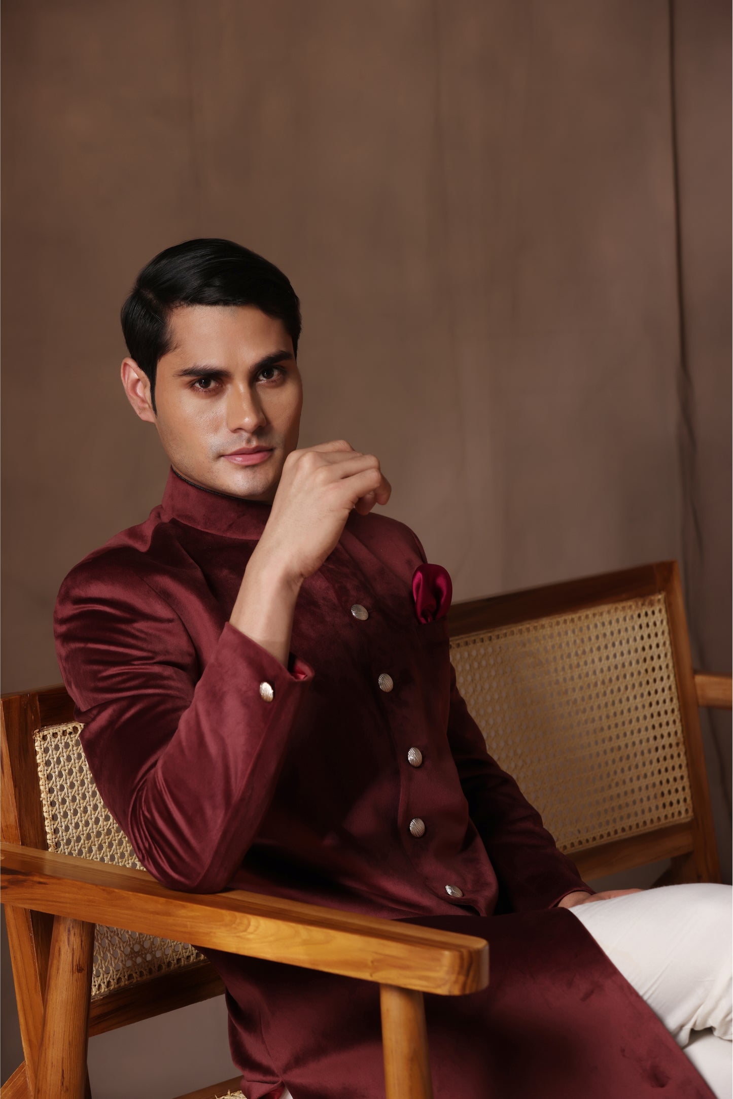 Royal Burgundy Velvet Achkan