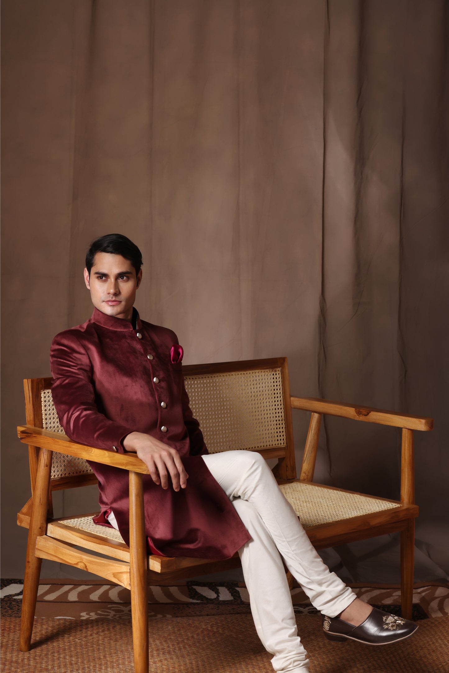 Royal Burgundy Velvet Achkan
