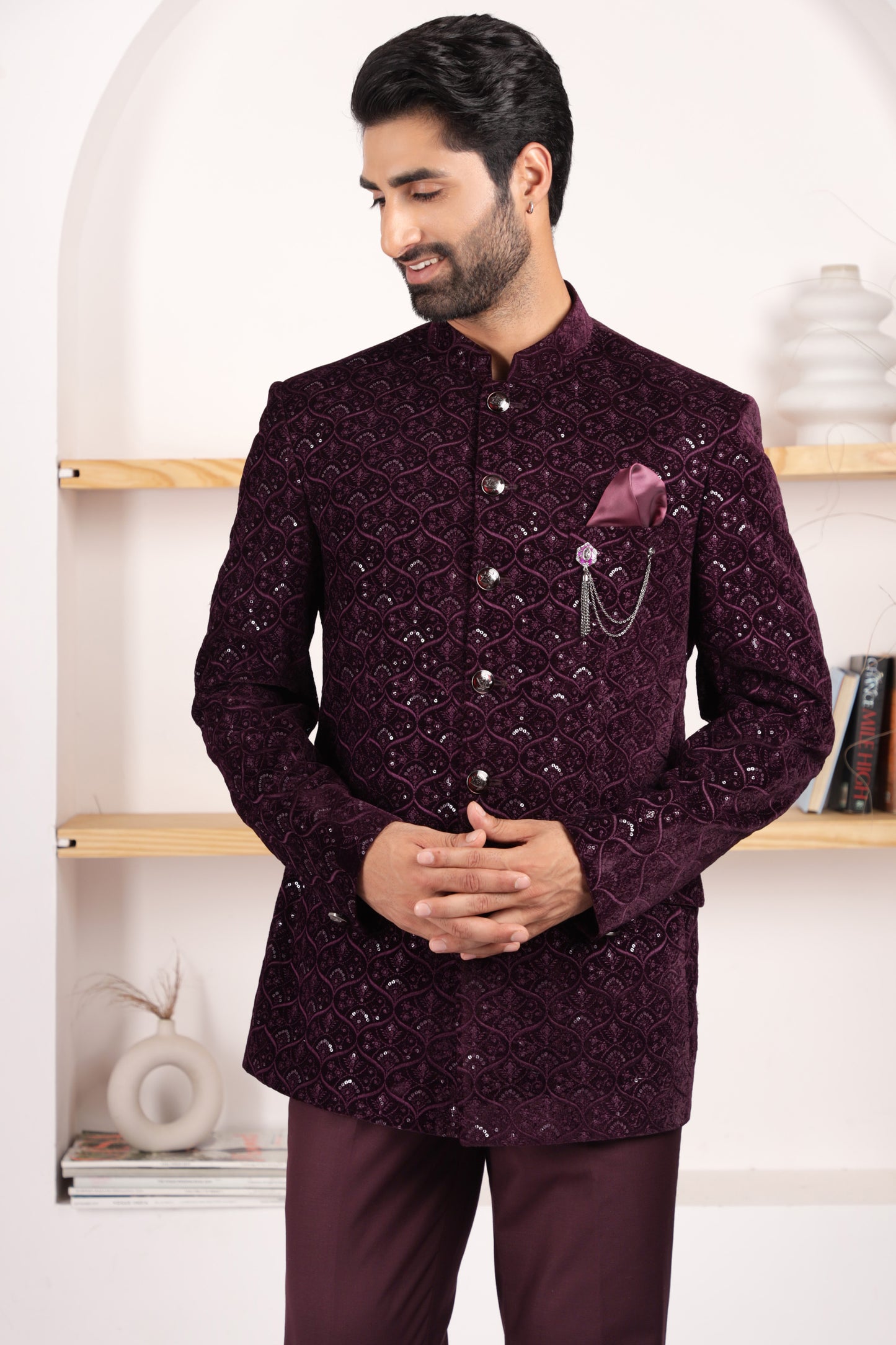 Velvet Mulberry Bandhgala Suit