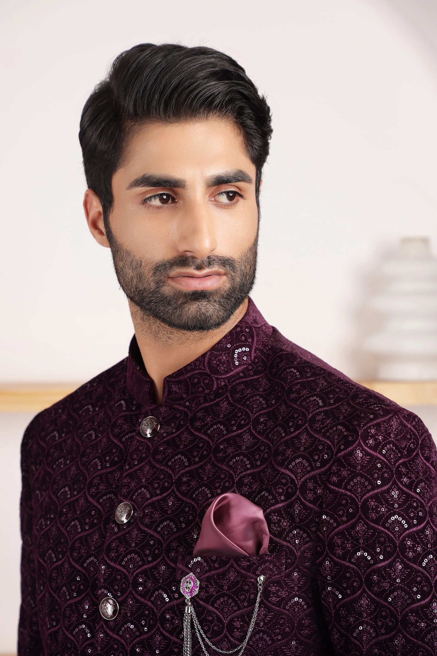 Velvet Mulberry Bandhgala Suit
