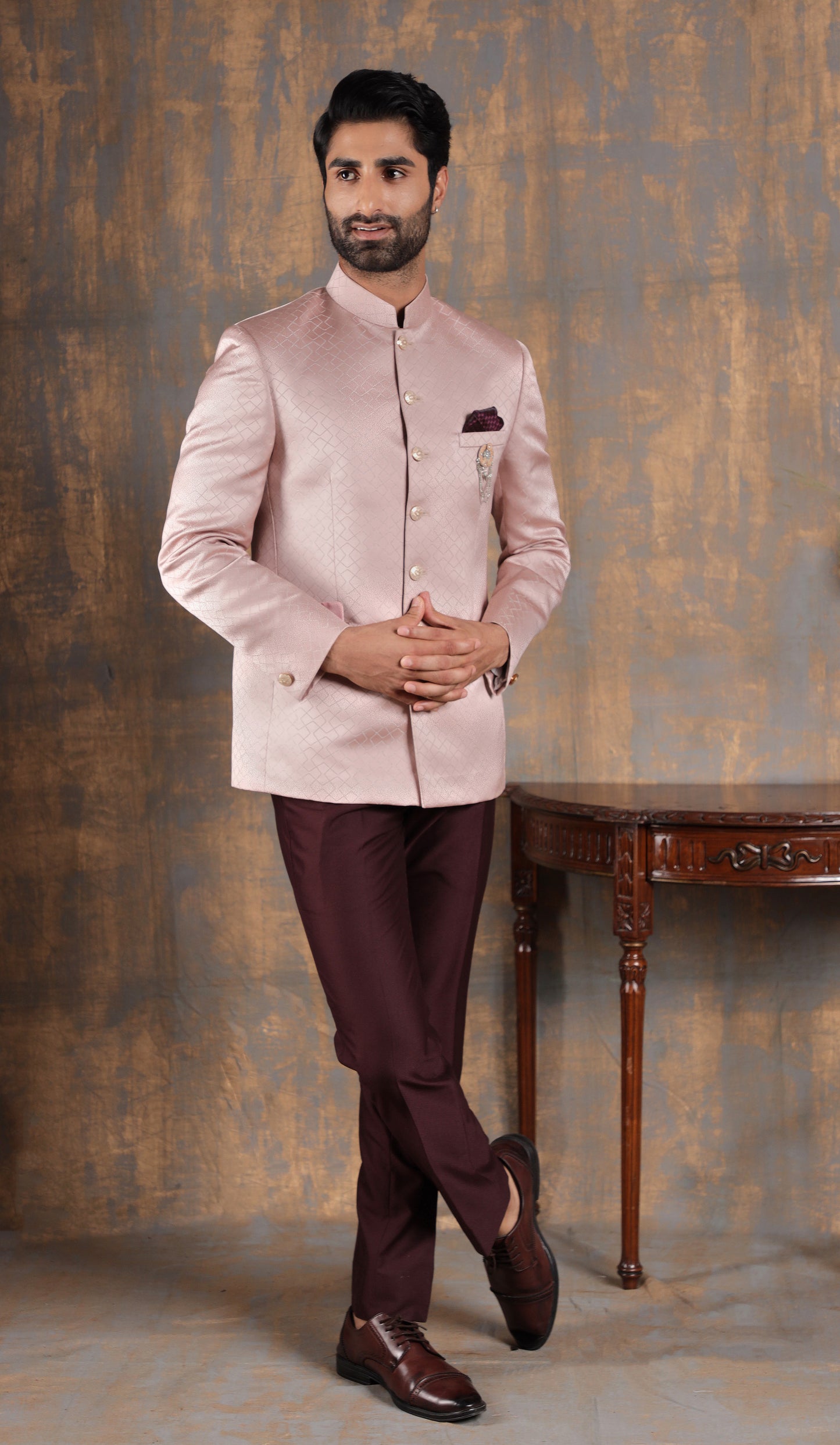 Salmon Pink Bandhgala Suit