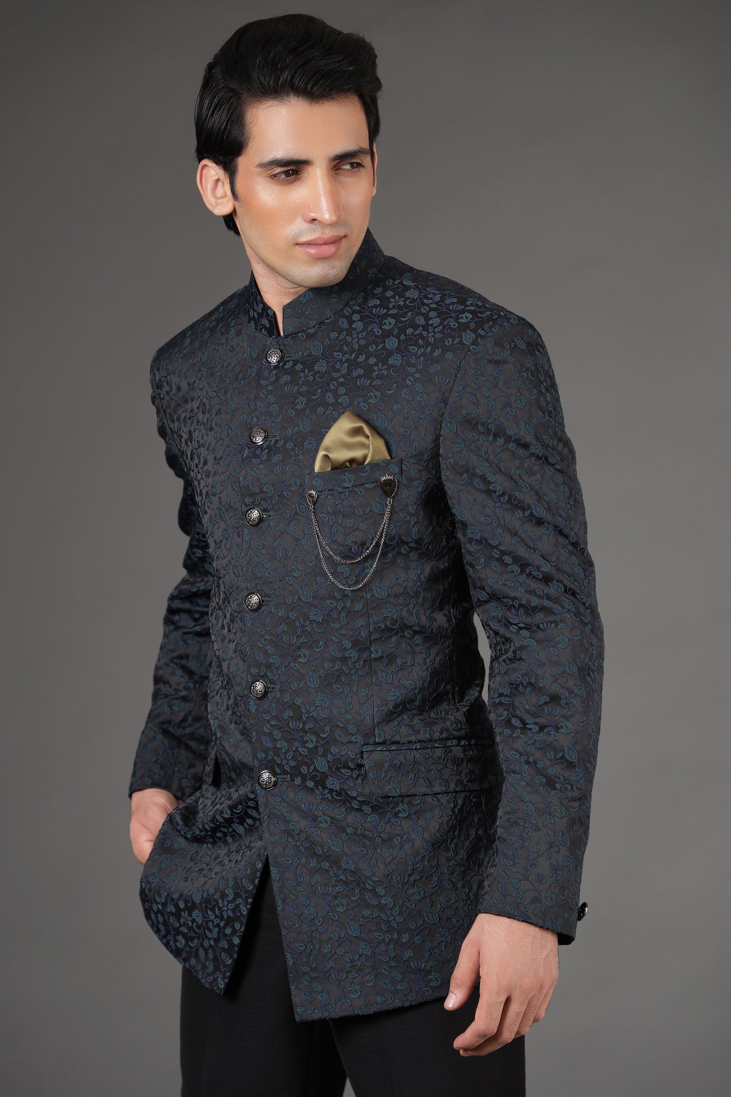 Dark Teal Floral Bandhgala Suit