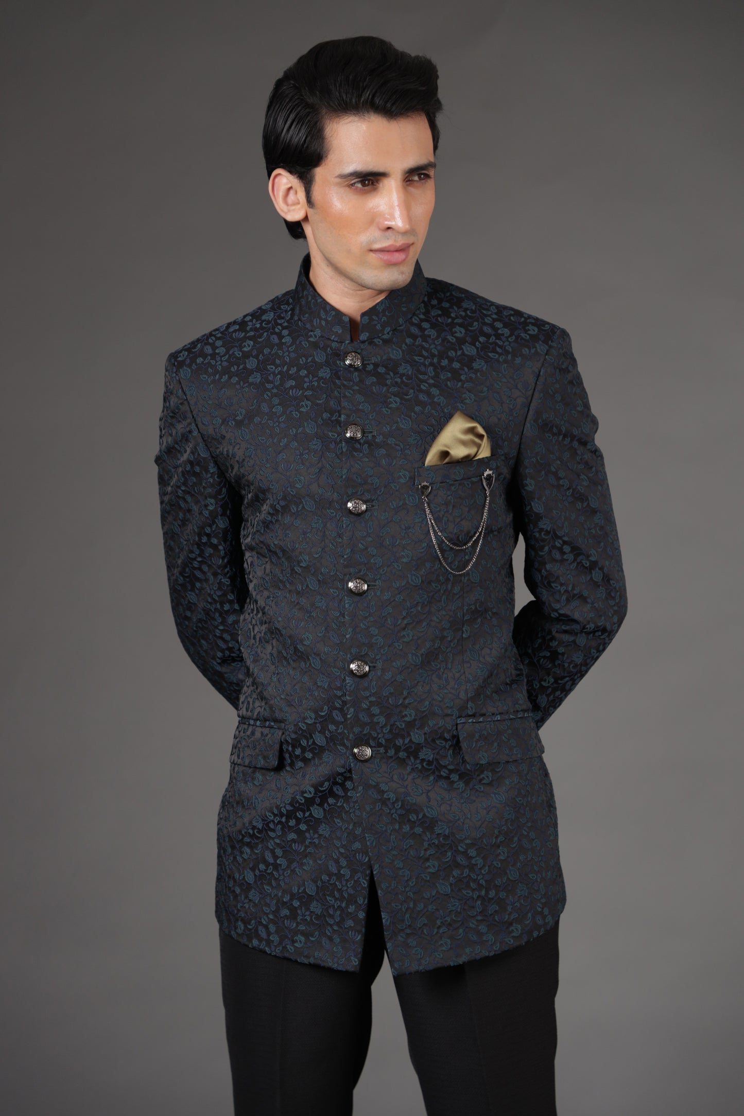 Dark Teal Floral Bandhgala Suit