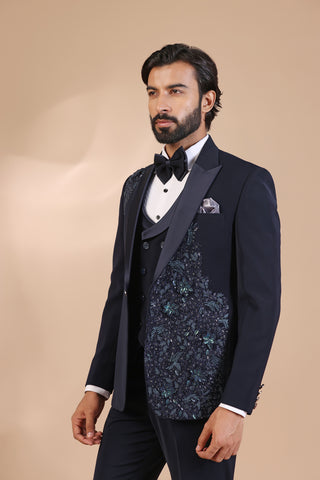 Navy Floral Tuxedo Suit