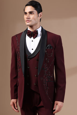 Deep Maroon Embroidered Tuxedo