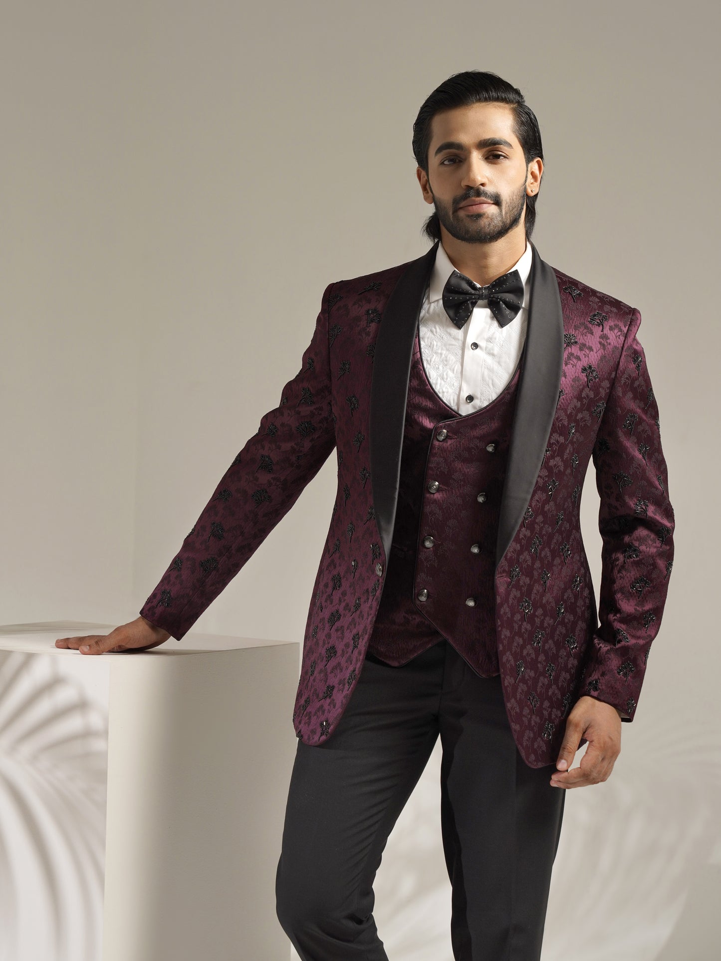 Wine tuxedo suit by Zoop Men