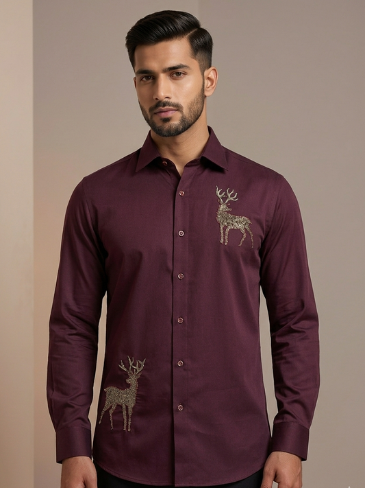 Crimson Stag Embroidered Shirt