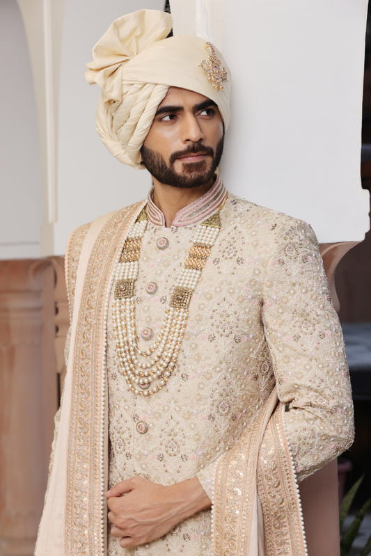 Pastel Peach Silk Sherwani