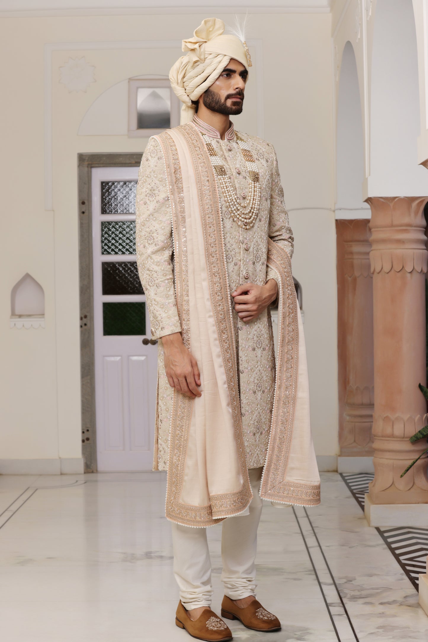 Pastel Peach Silk Sherwani