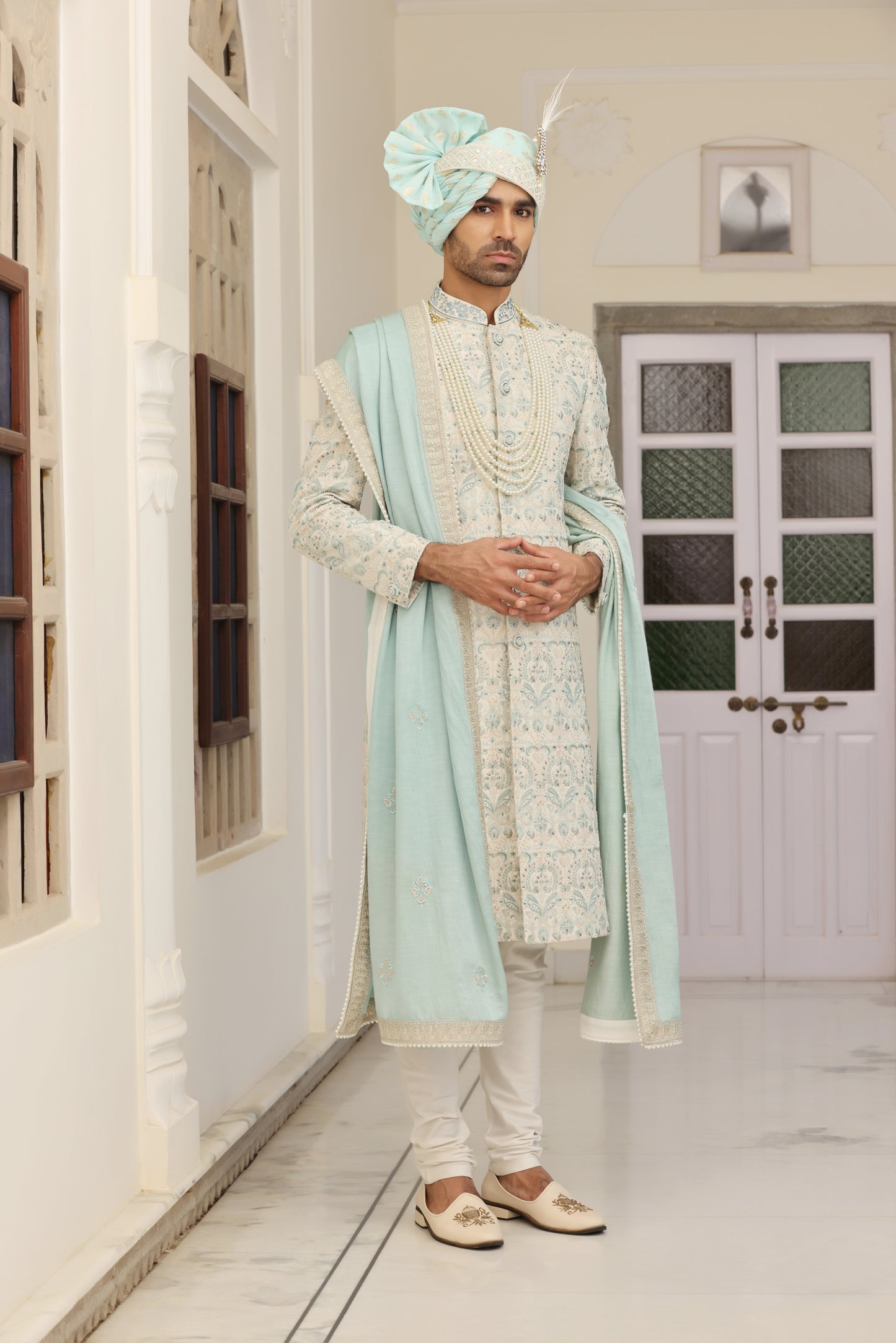 Pristine Cyan Pearl Sherwani