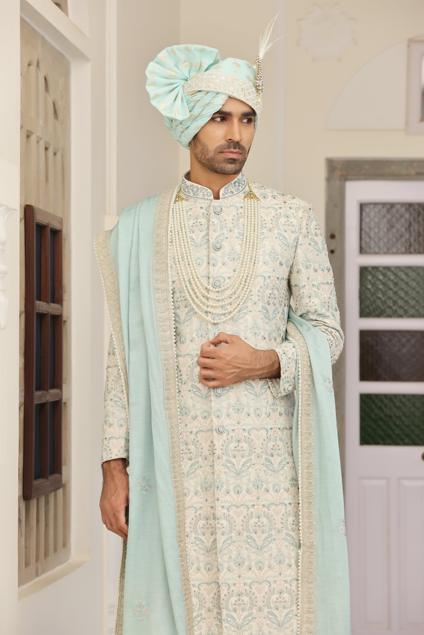 Pristine Cyan Pearl Sherwani