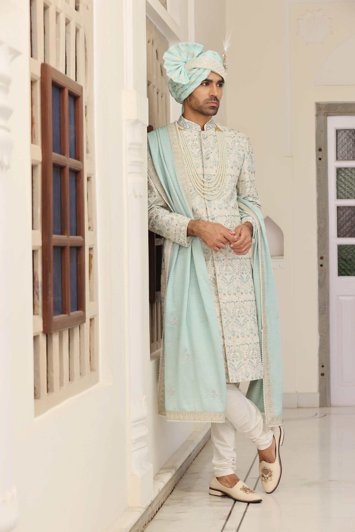 Pristine Cyan Pearl Sherwani