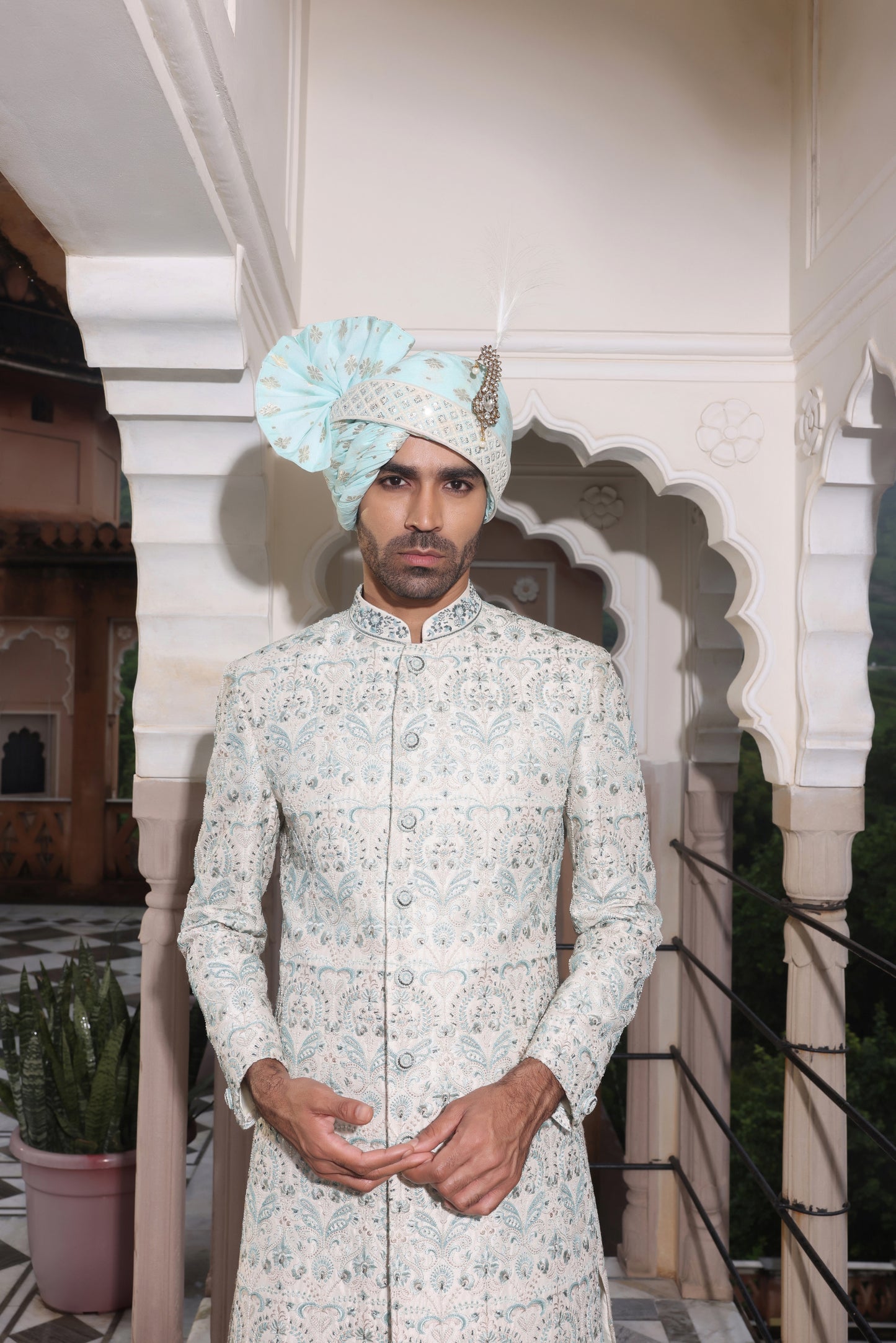 Pristine Cyan Pearl Sherwani
