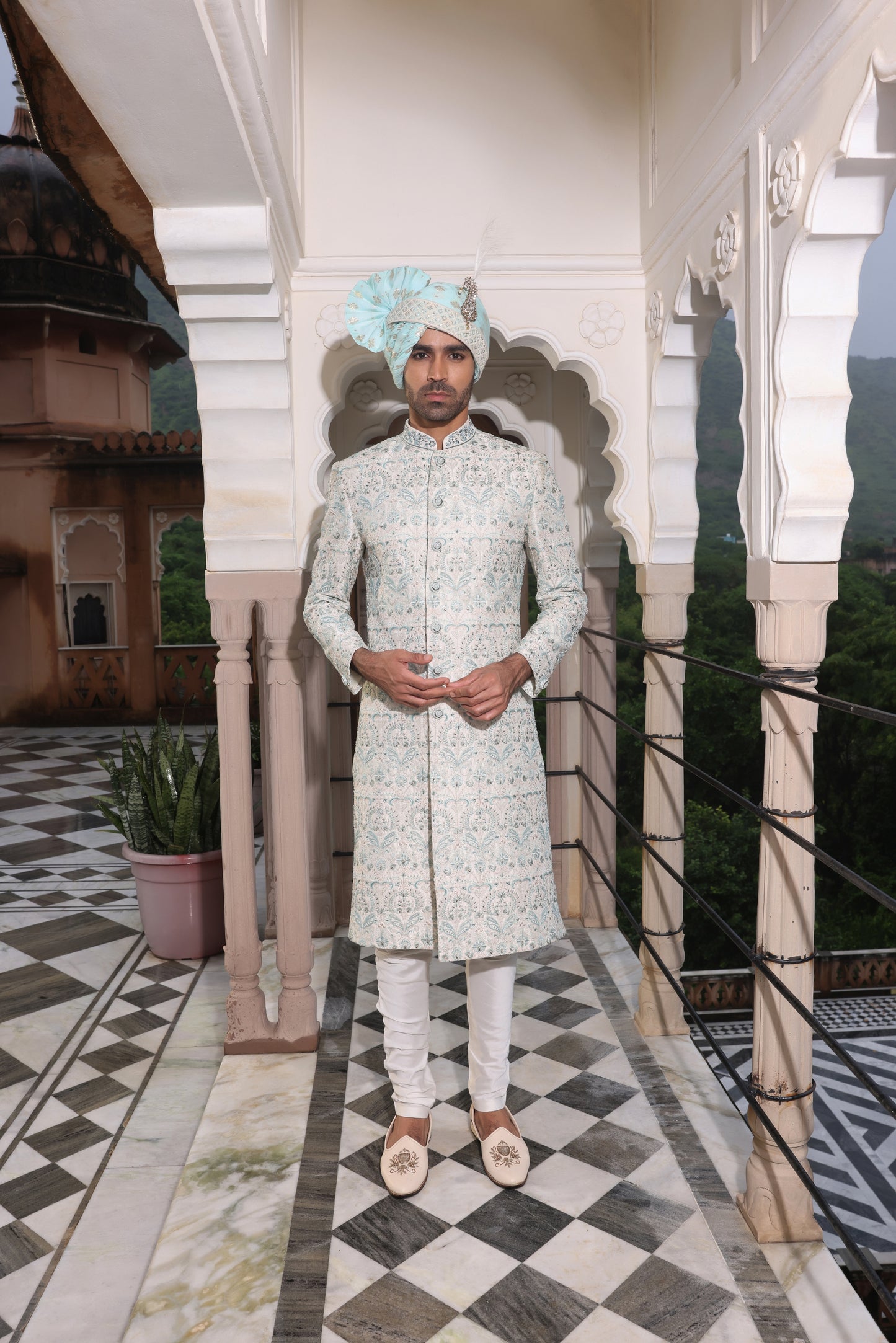 Pristine Cyan Pearl Sherwani
