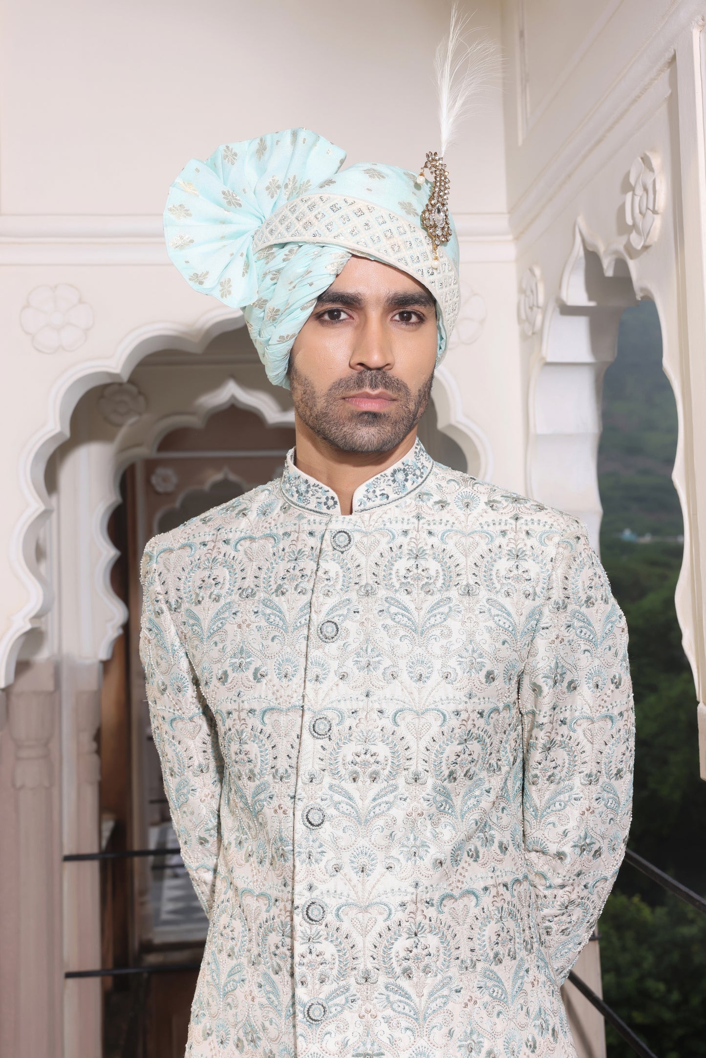 Pristine Cyan Pearl Sherwani