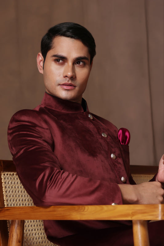 Royal Burgundy Velvet Achkan