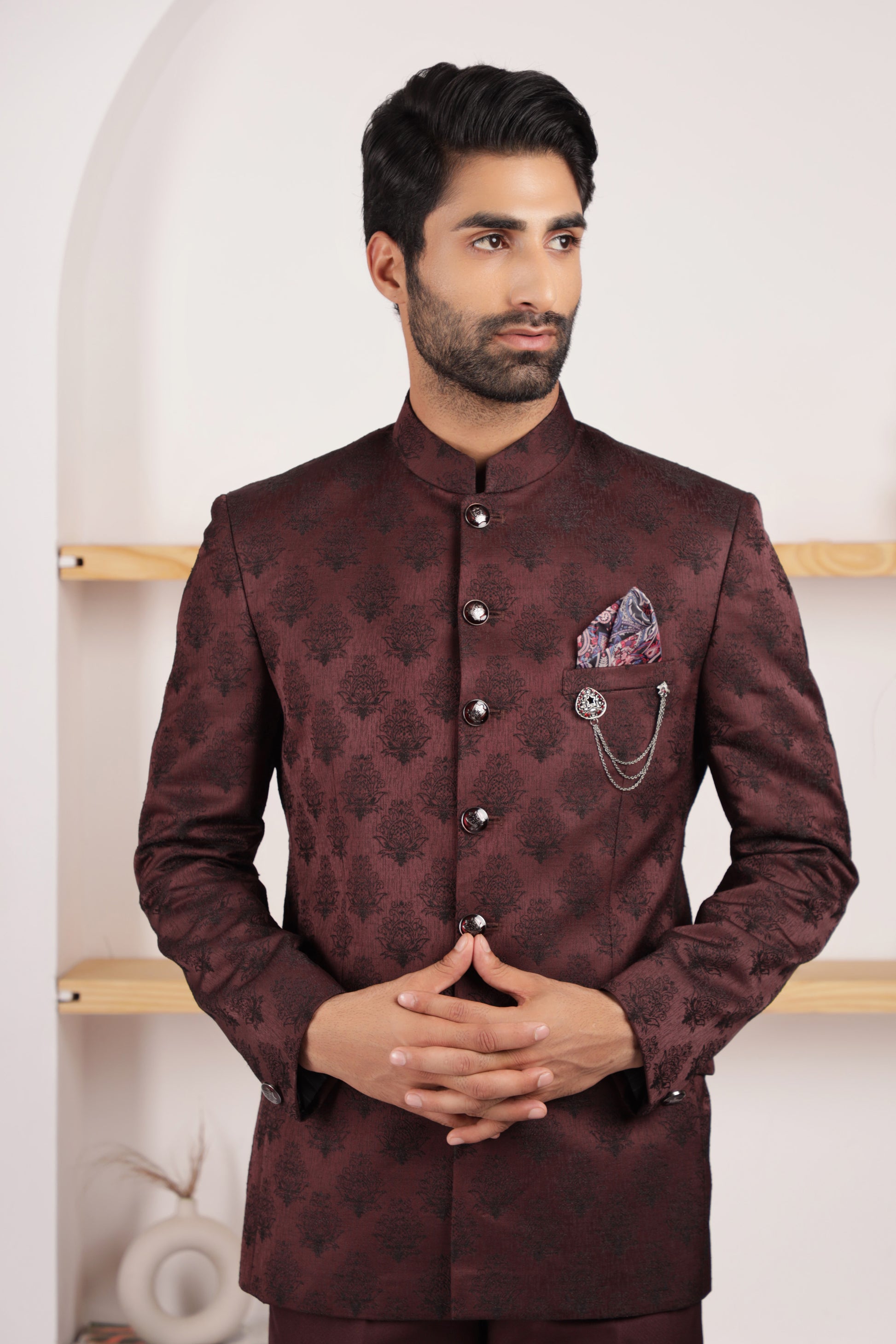 Rust Maroon Bandhgala Suit - Main Image