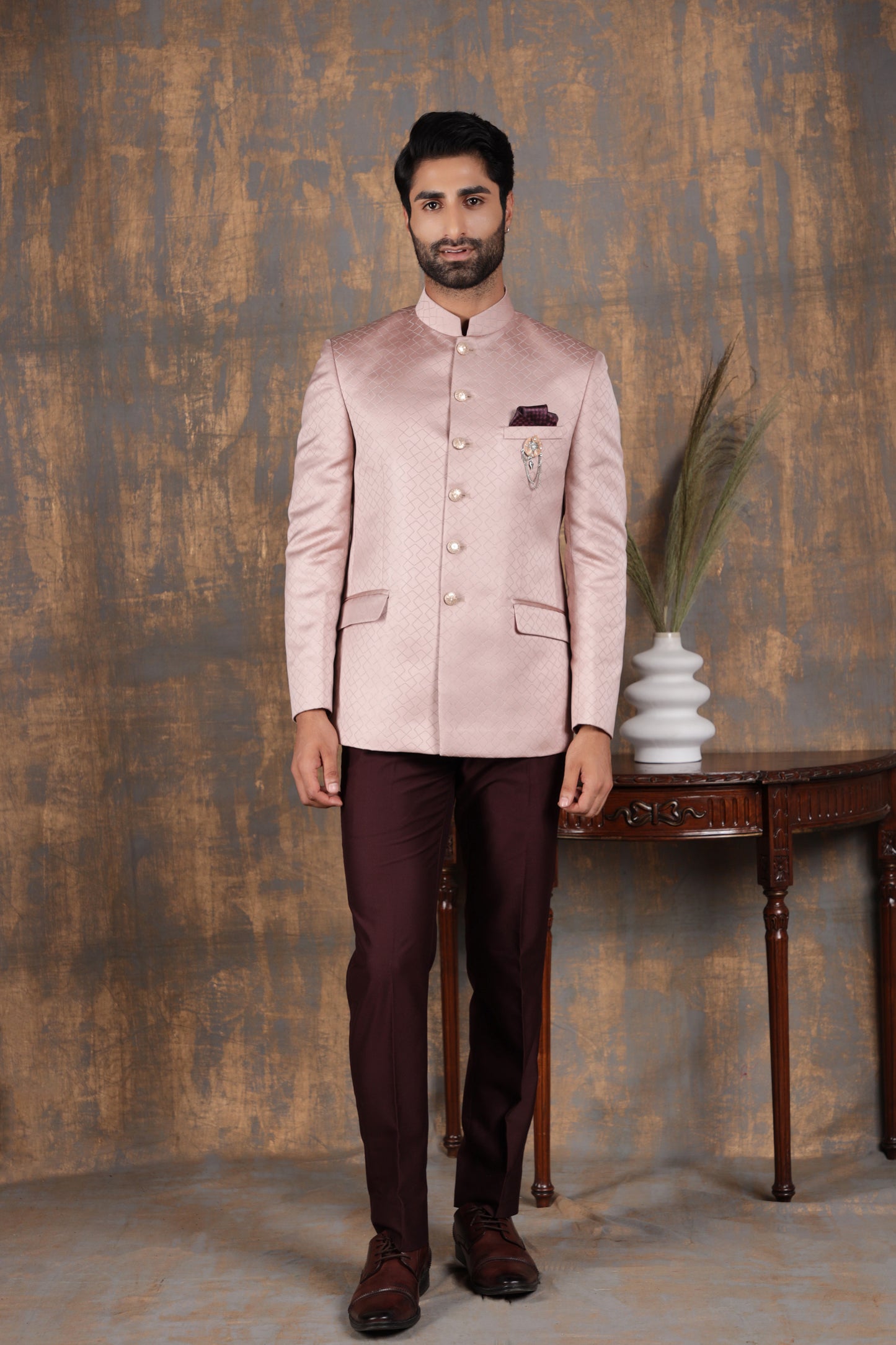 Salmon Pink Bandhgala Suit