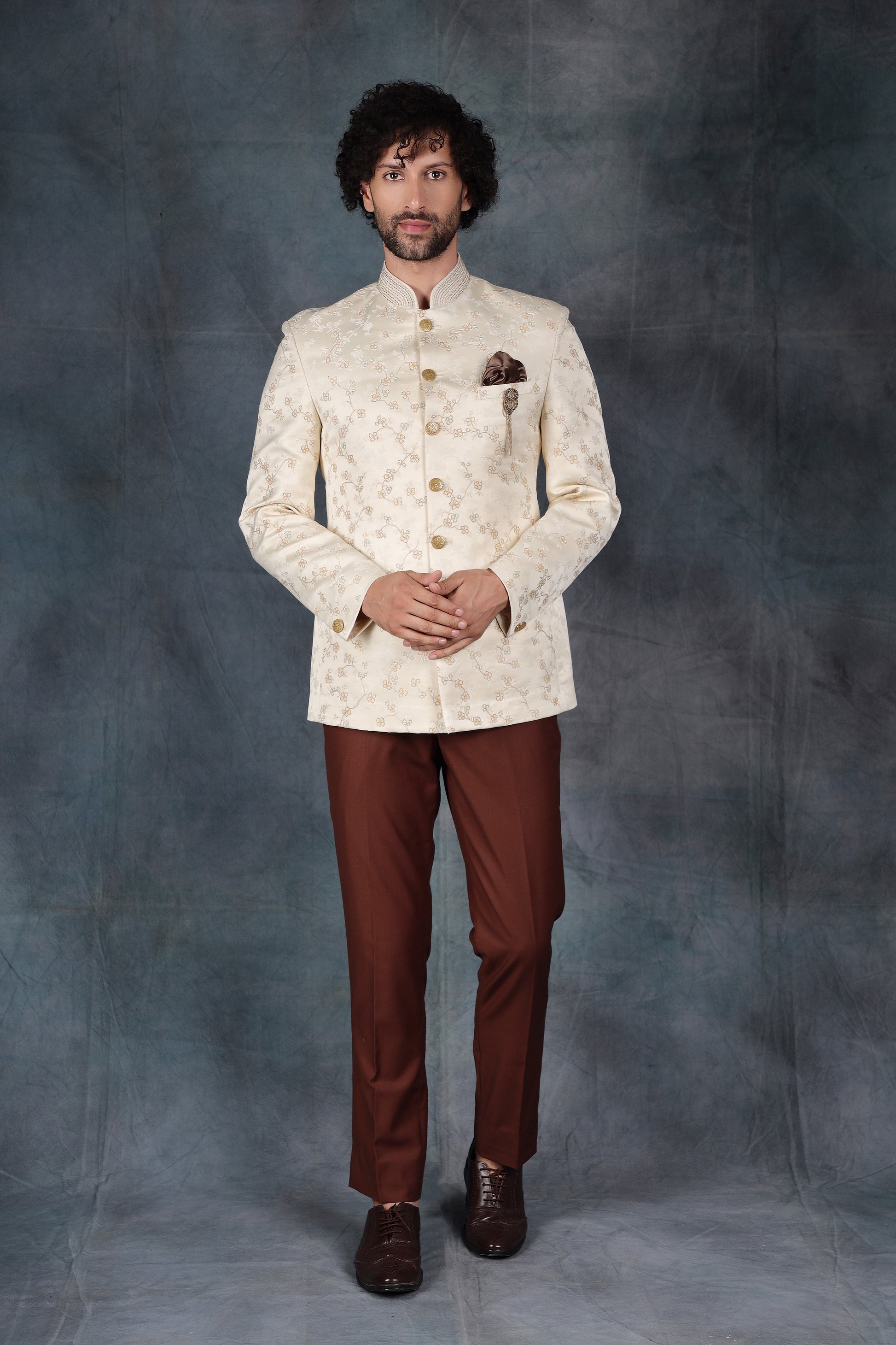 Floral Beige Bandhgala Suit - Main Image