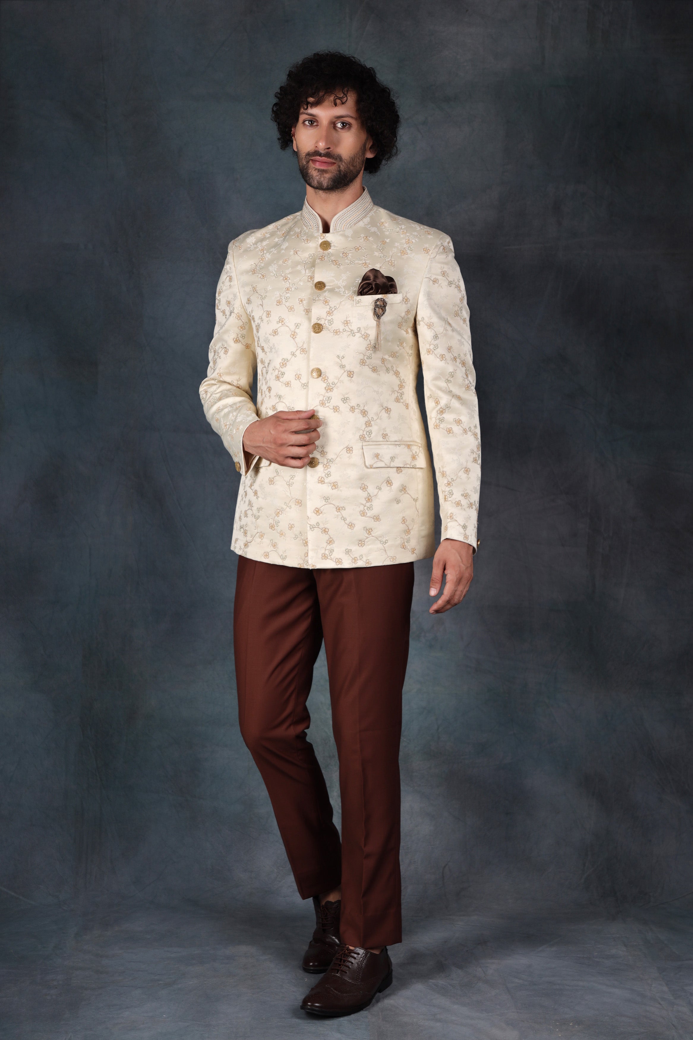 Beige Embroidered Mens Bandhgala Jodhpuri Suit 1062MW07