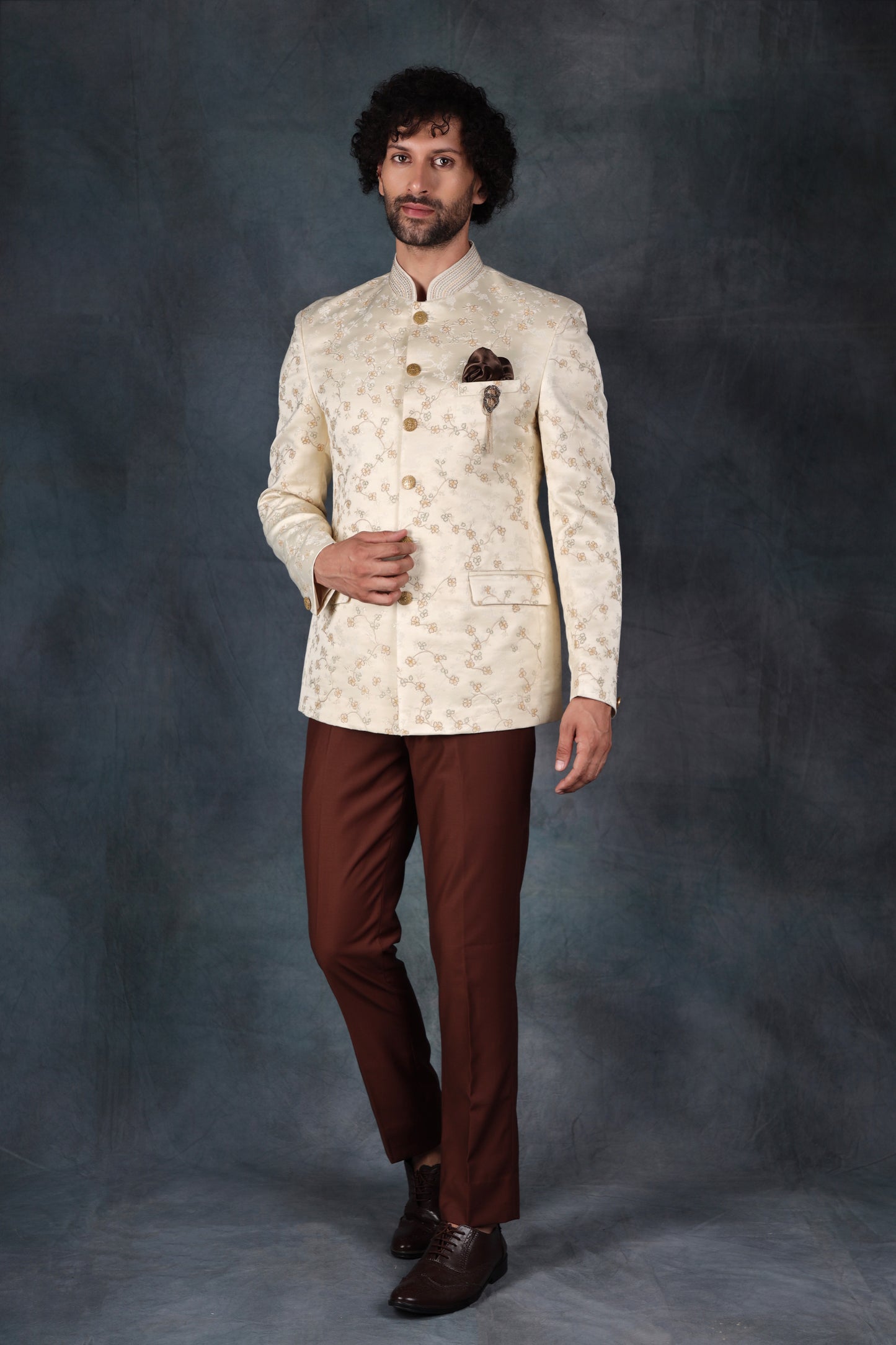 Floral Beige Bandhgala Suit