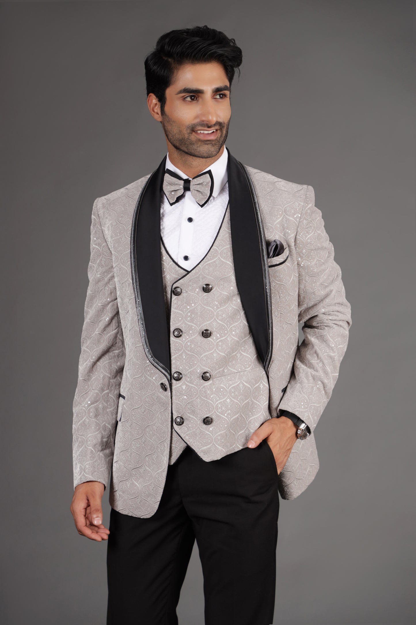Velvet Grey Embellished Tuxedo Suit
