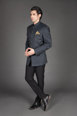Dark Teal Floral Bandhgala Suit