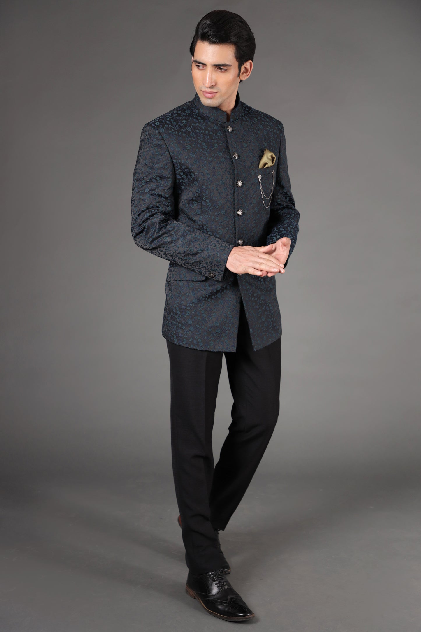 Dark Teal Floral Bandhgala Suit