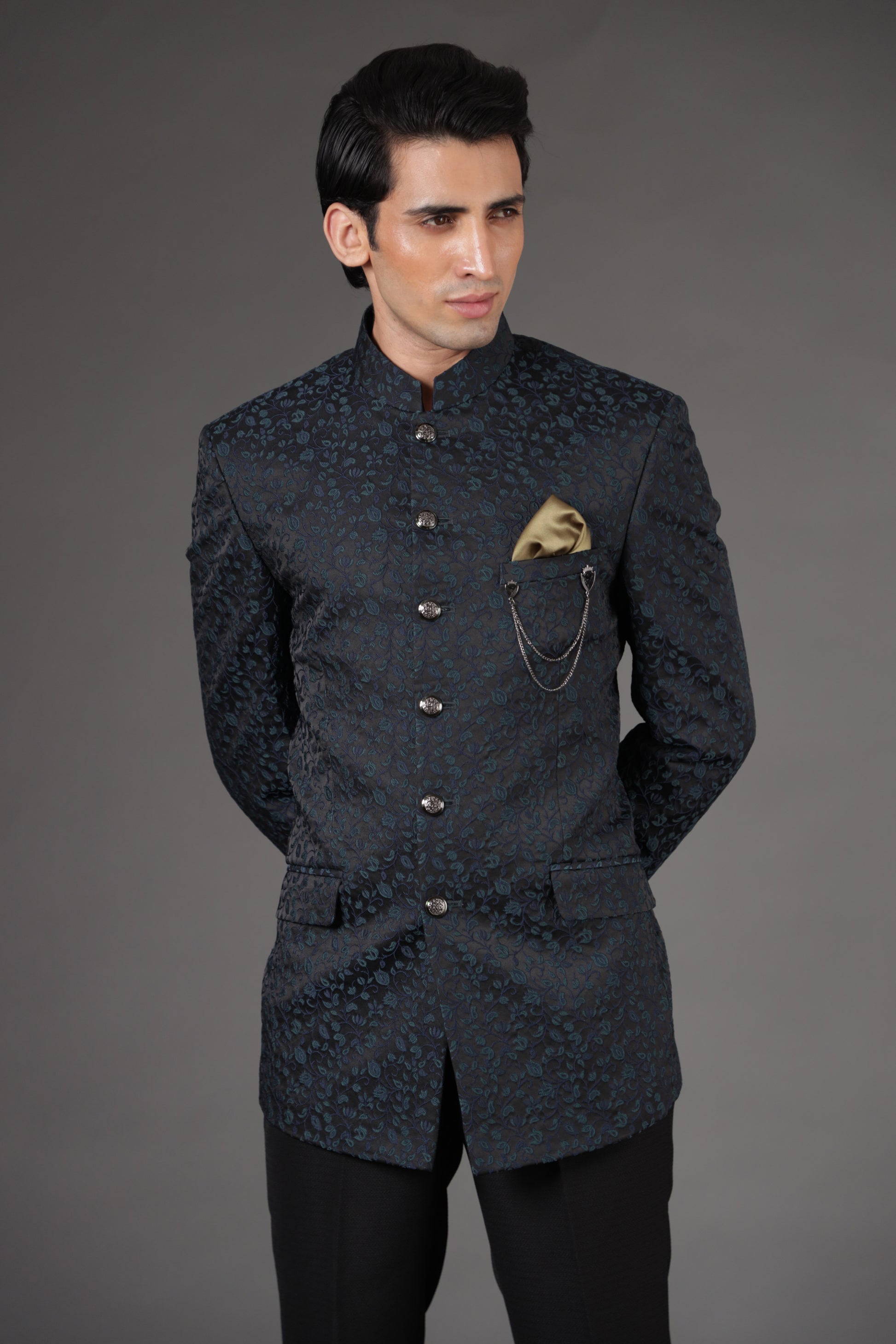 Dark Teal Floral Bandhgala Suit – Zoop Men