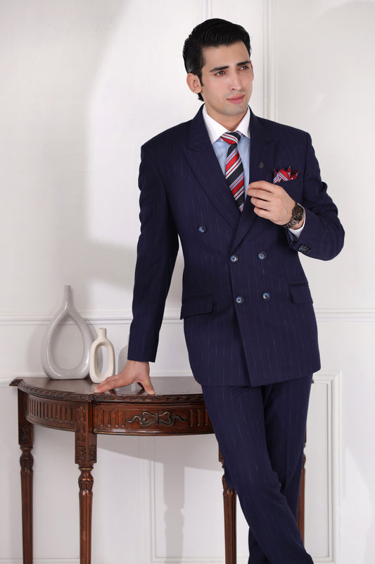 Double Breasted Navy Blue Striped Suit