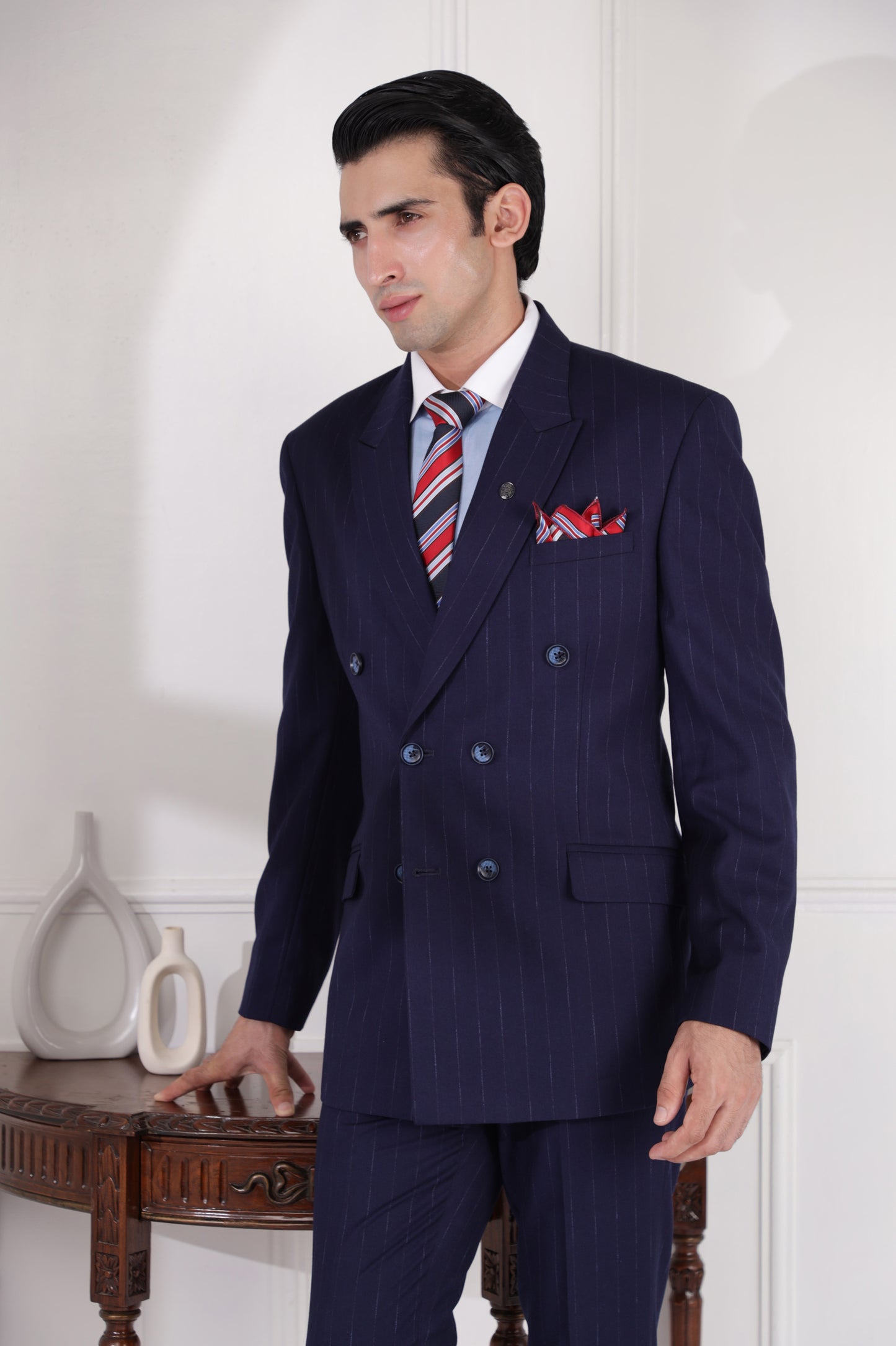Double Breasted Navy Blue Striped Suit